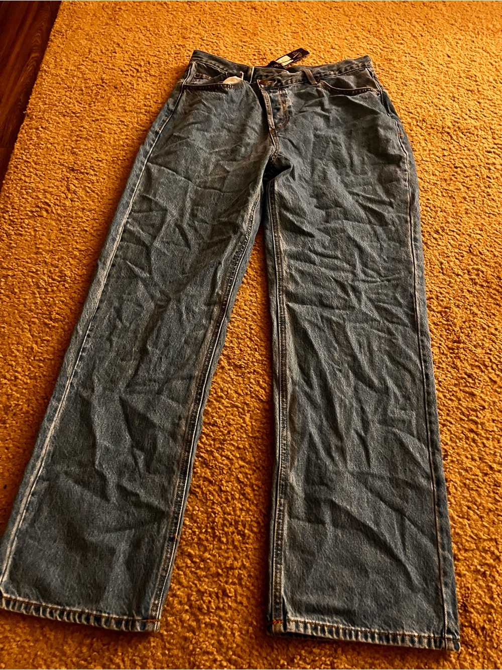 Fashion Nova Medium Blue Denim Jeans with Gold Stitching